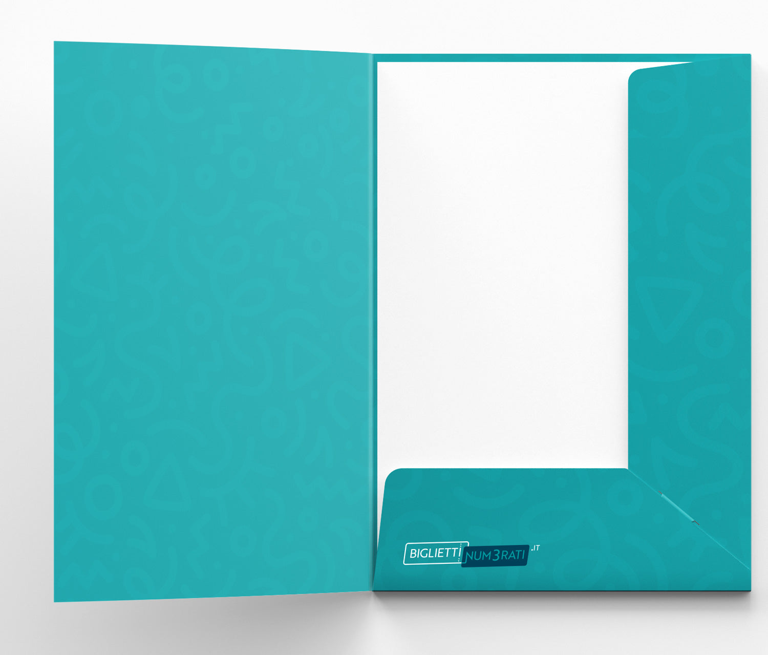 Interno cartellina con tasca incastro a tre lembi, personalizzazione su tutta la superficie
